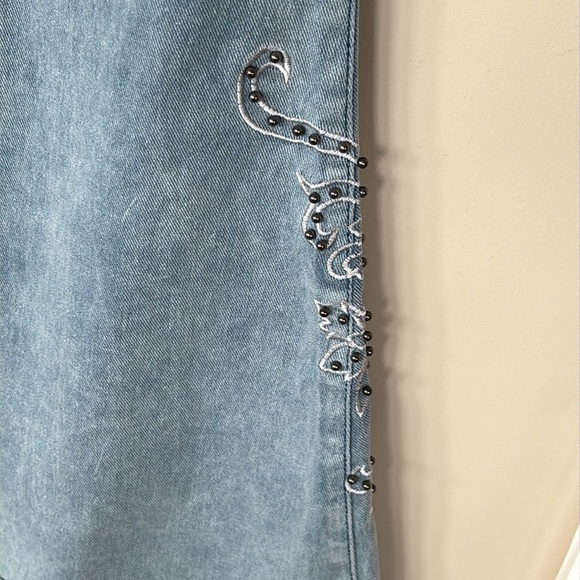 POL High Waist Stretch Blue Jeans Embroidered Black Floral Beaded Bell Bottoms - Picture 12 of 15